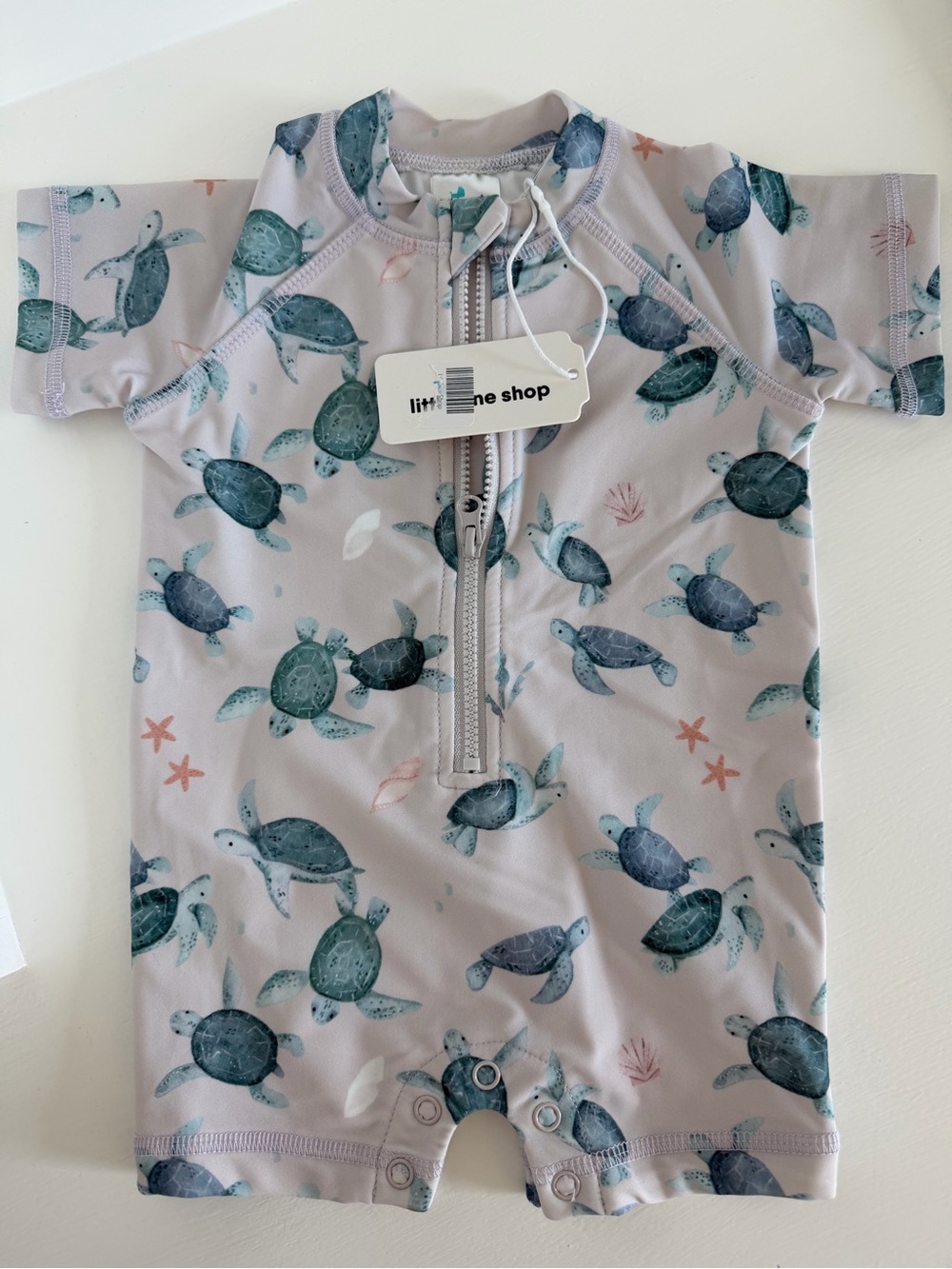 Little One Shop Baby Turtle Rash Guard Romper - Teal & Light Gray